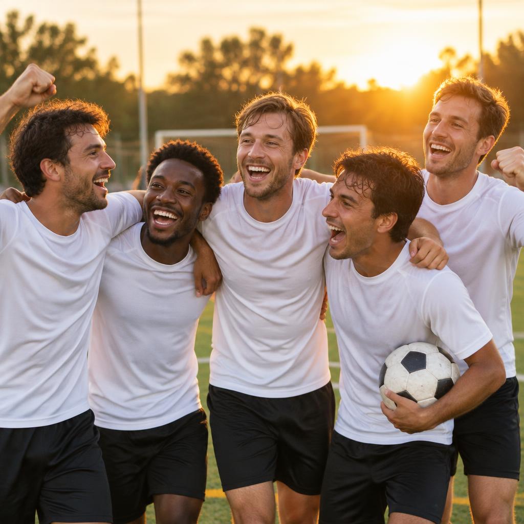Teammates celebrating on a turf field